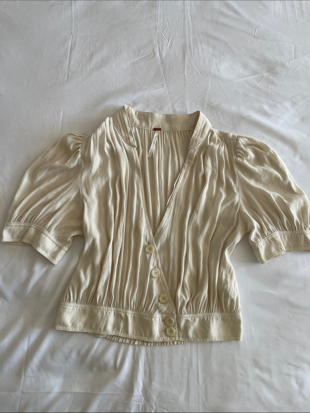 Women's Cream Pleated V-Neck Button Front Top